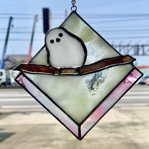 シマエナガのサンキャッチャー ステンドグラス ガラス パネル