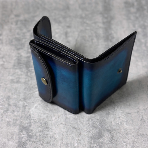 Moto 三つ折財布 レザー ブルー 三つ折りミニ財布/コンパクト財布 【ブルー】レザー 本革 手染め