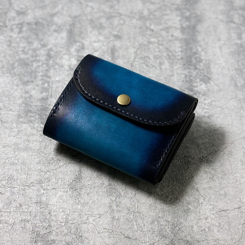 コンパクトな三つ折り財布 【ブルー】レザー 本革 手染め 三つ折り財布  