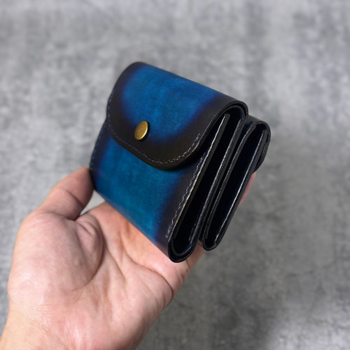 三つ折りミニ財布/コンパクト財布 【ブルー】レザー 本革 手染め お札