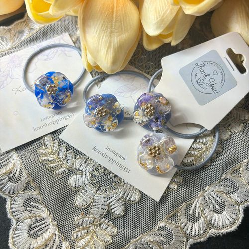 レジンヘアゴム お花パープルゴールドパールワンポイント
