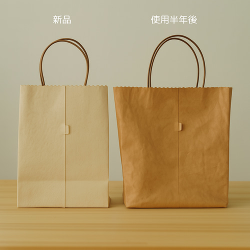 紙袋風レザートートバッグ 本革ヌメ革 お弁当やスマホ、財布を入れて 紙袋風レザートートバッグ 本革ヌメ革 お弁当やスマホ、財布を