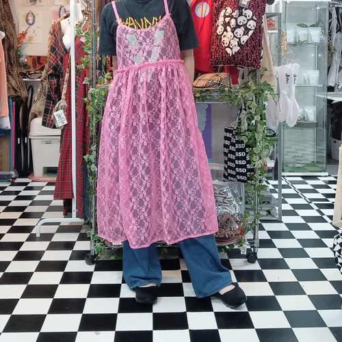 花柄レース ギャザーキャミワンピース:ピンク ワンピース Hand