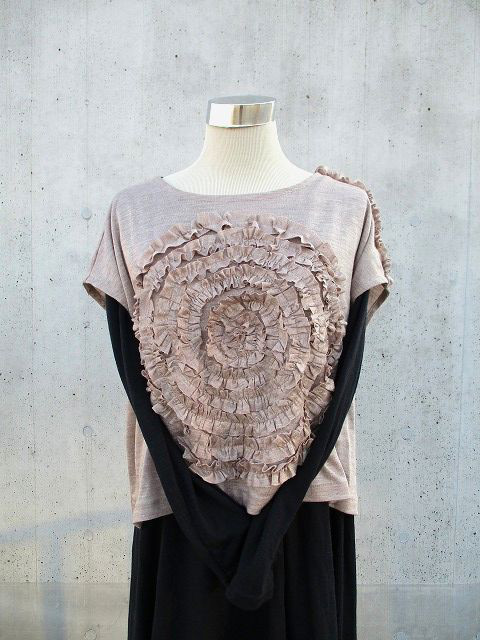 リネン麻１００％天竺ニット　モカ杢フリルフレンチ袖　カットソー　ベストにも