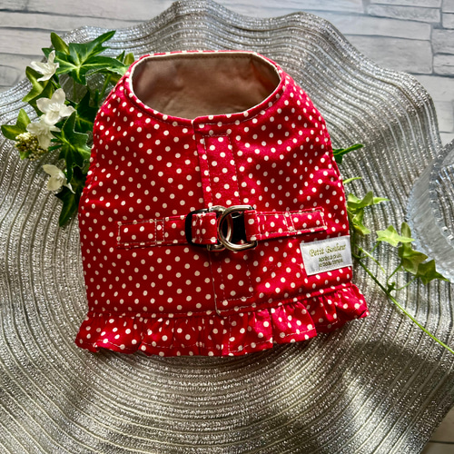 わんちゃん用 ハーネス 犬用ハーネス Sサイズ 濃ピンク 赤 ドット 水玉