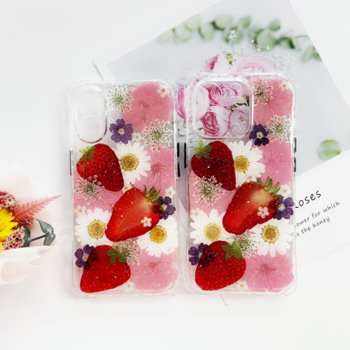 いちご、押し花ケース、iPhone 16、Xperia 10 VI、Google Pixel
