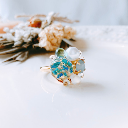 かすみ草 リング クリアリング ブルー 青 フリーサイズ 透明 レジン