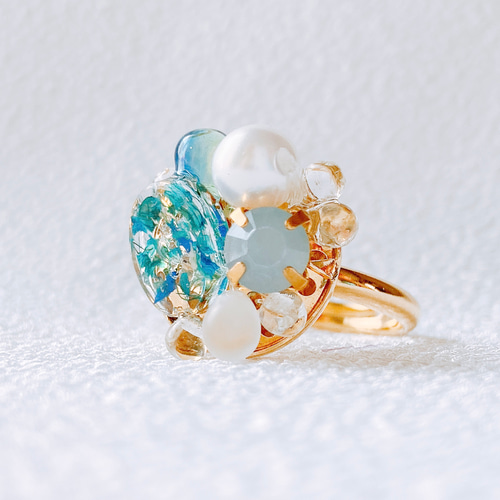 かすみ草 リング クリアリング ブルー 青 フリーサイズ 透明 レジン