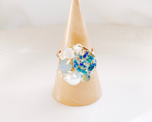 かすみ草 リング クリアリング ブルー 青 フリーサイズ 透明 レジン