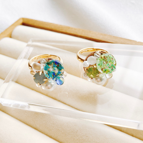 かすみ草 リング クリアリング グリーン 緑 フリーサイズ 透明 レジン