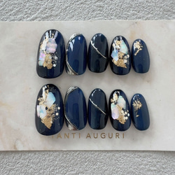 【オーダー】ネイルチップ　ネイビー　ゴールド　リボン　ハート ネイルチップ シンプルネイビー リボン×ハート ネイルチップ