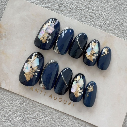 ネイビー統一 紺色だらけ ネイルチップ 豪華 贅沢 立体 3D キラキラ 金
