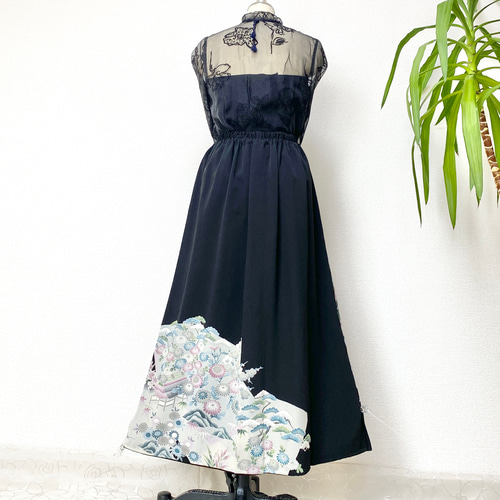 大人可愛いセレブ着物スカートフリーサイズ黒留袖着物リメイク