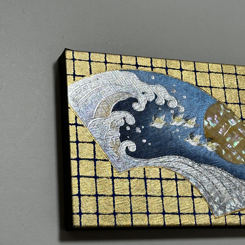 金地鳥籠扇面画額　一対　M１３６８ 扇面.波頭に千鳥(金彩アート) 絵画 キンサイアート 通販