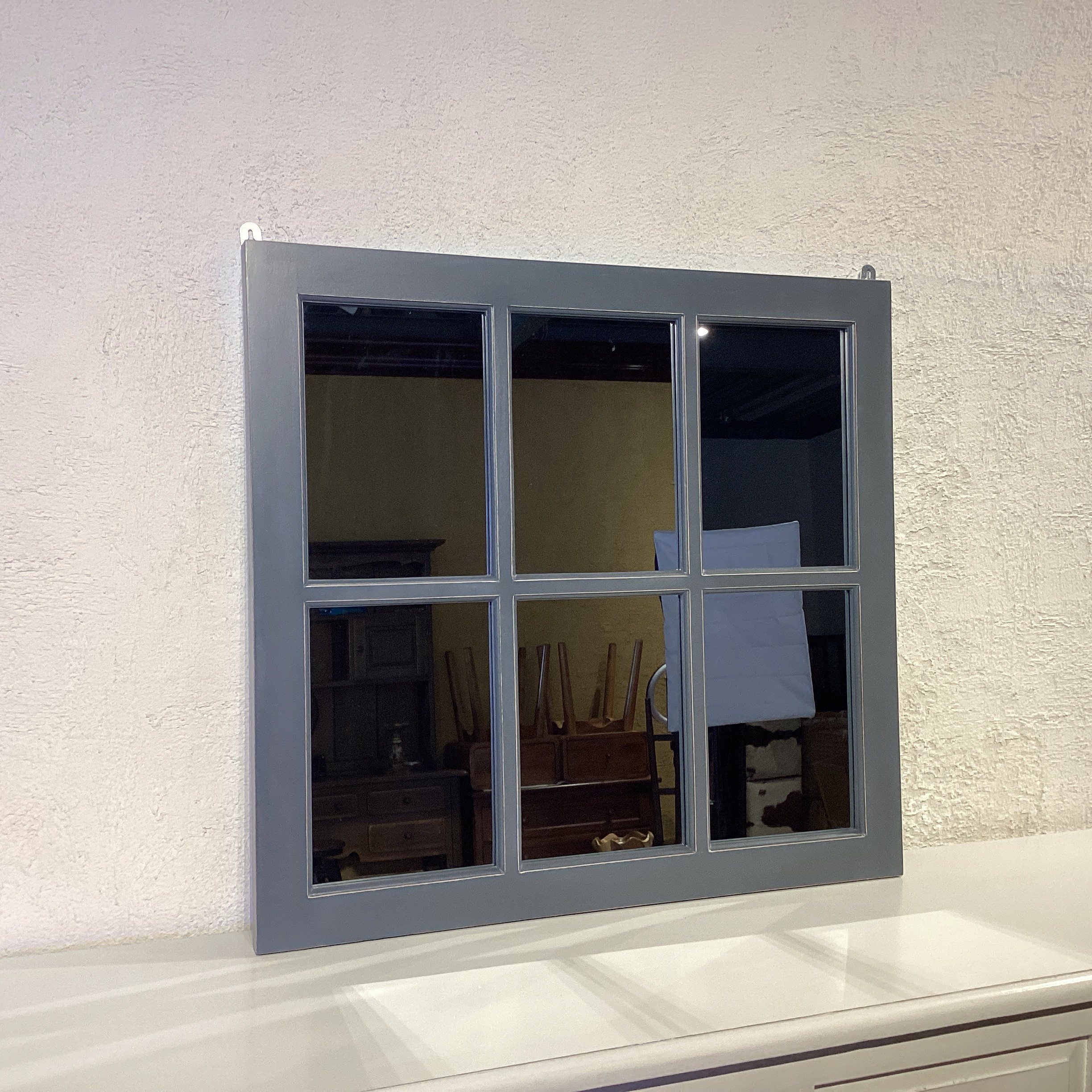 【訳ありな逸品】アンティーク調 木製窓枠 鏡 壁掛けミラー グレー 6枠 ① mir001