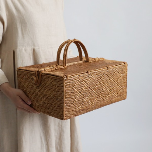 ラスト1 伝統工芸アタ細工 Lサイズ 蓋つきピクニック バスケットお