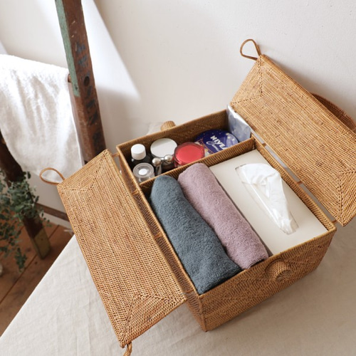 ラスト1 伝統工芸アタ細工 Lサイズ 蓋つきピクニック バスケットお