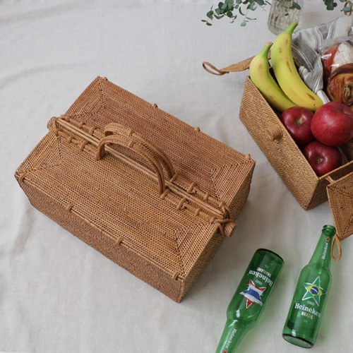 ラスト1 伝統工芸アタ細工 Lサイズ 蓋つきピクニック バスケットお