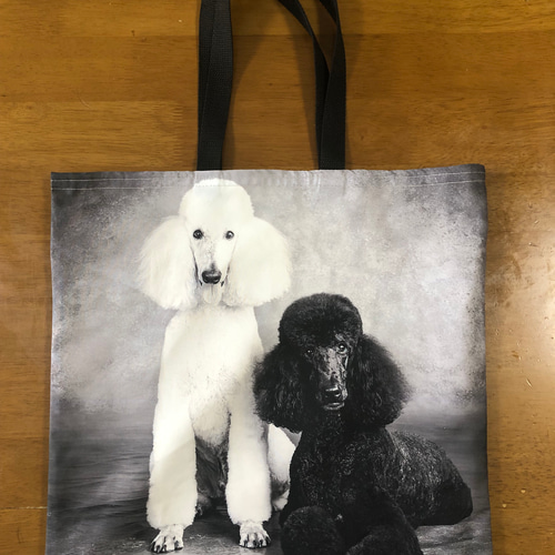 犬柄 ハンドメイド ぺたんこBigトートバッグ プードル モノクロ