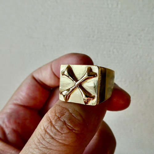 仁尾彫金『クロスボーンプレート、k18印台リング』ハンドメイド298