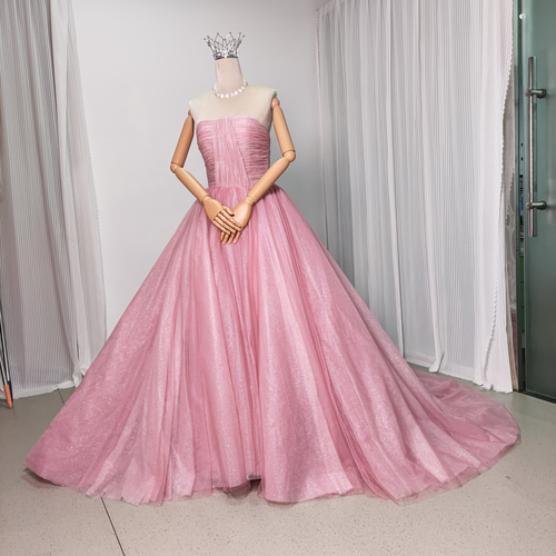 送料無料！豪華！ カラードレス 薄桃色 ベアトップ 編み上げ キラキラ  