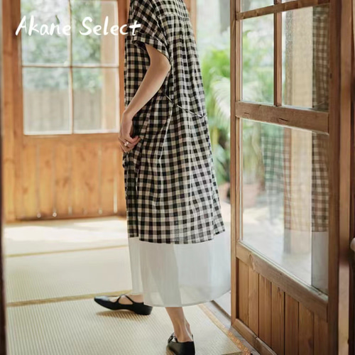 コットン☆チェック柄のワンピース☆透明感】森ガール風│夏コーデ