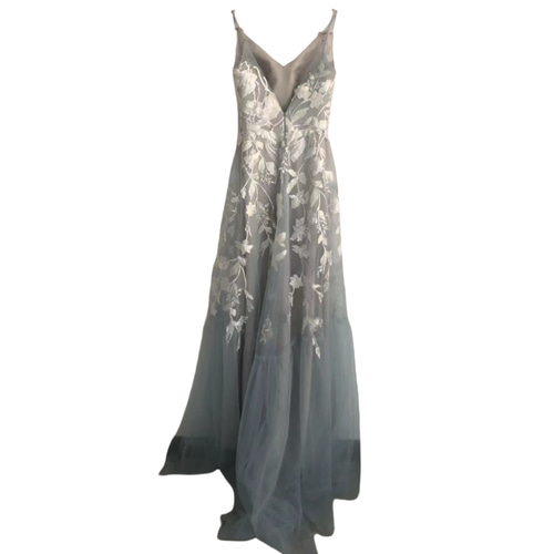 美品！2ways Vネックドレス キャミソール ブルー 3D立体レース刺繍 前  