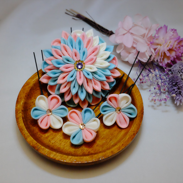 新品 七五三 つまみ細工 髪飾り パステルカラー 正絹 髪飾り