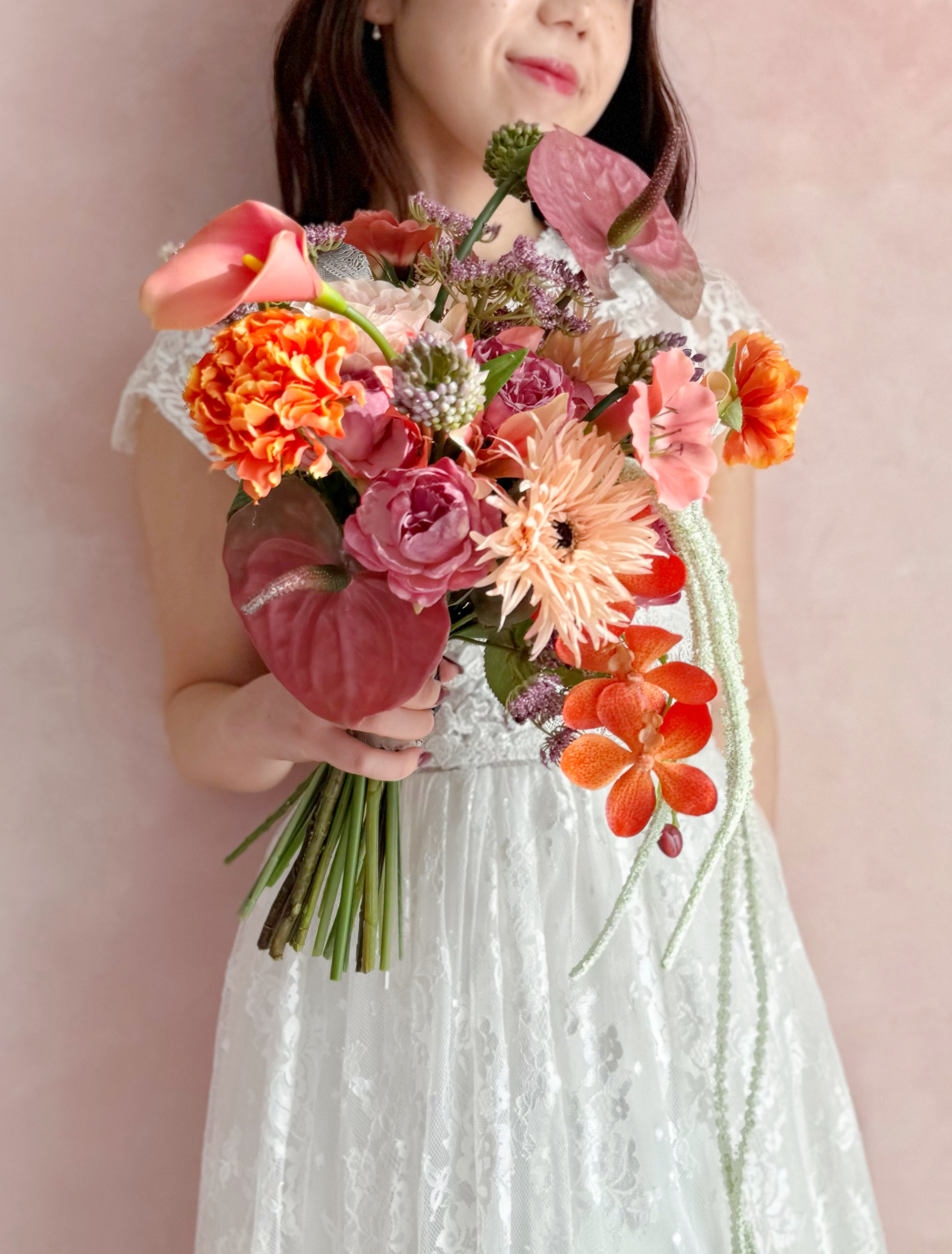 即納OK！！アマランサスのひとクセ大人オレンジブーケ　海外風ブーケ　パープル　秋ブーケ　カラー　アンスリウム　ガーベラ