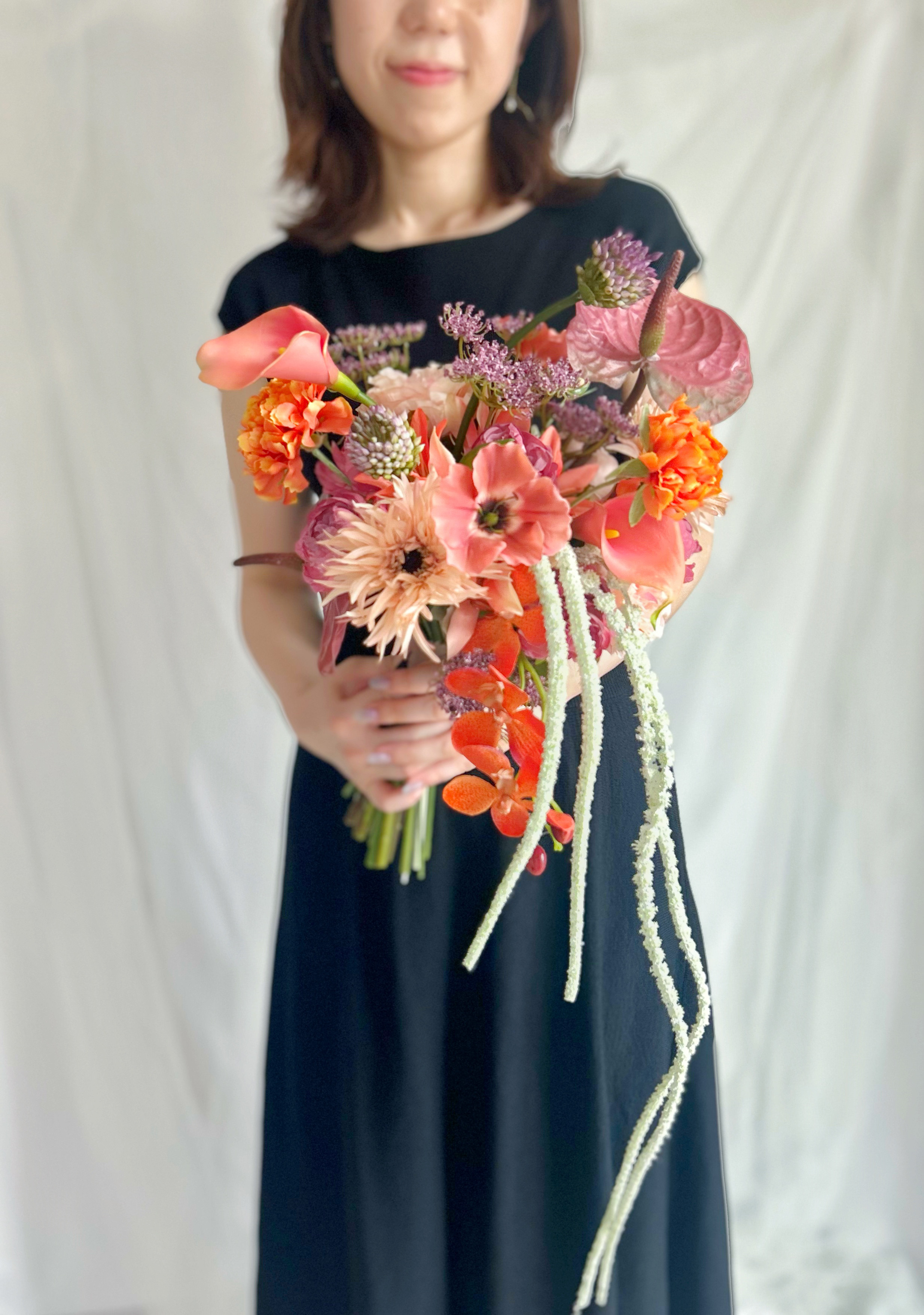 即納OK！！アマランサスのひとクセ大人オレンジブーケ　海外風ブーケ　パープル　秋ブーケ　カラー　アンスリウム　ガーベラ