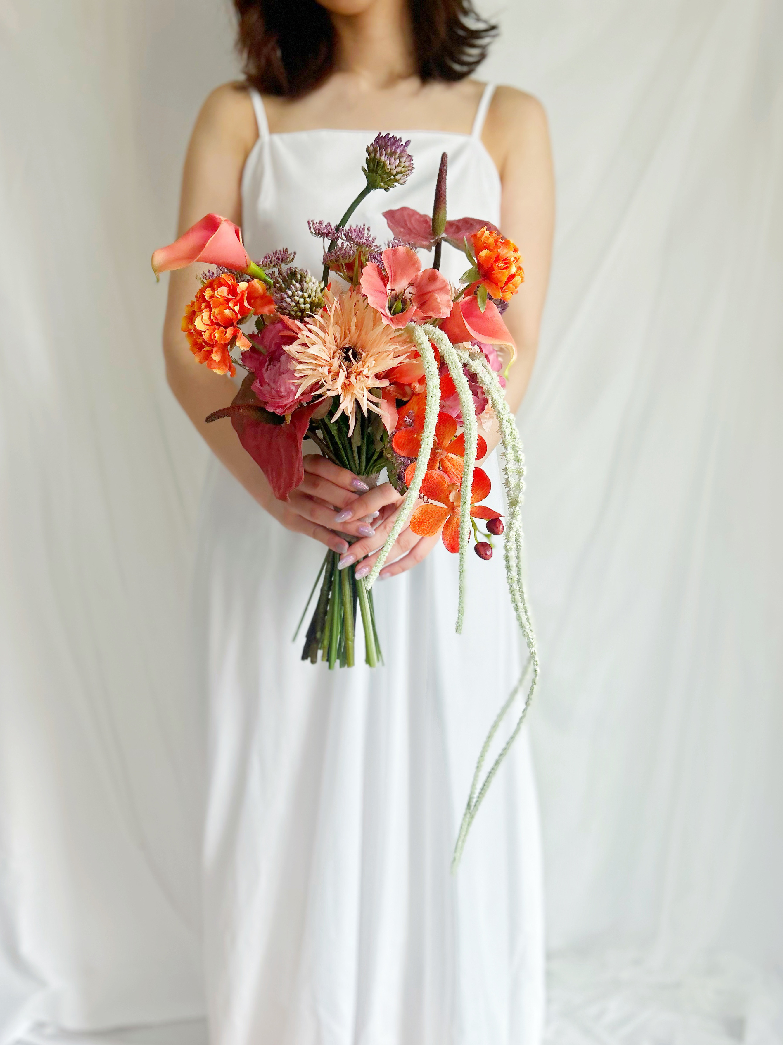 即納OK！！アマランサスのひとクセ大人オレンジブーケ　海外風ブーケ　パープル　秋ブーケ　カラー　アンスリウム　ガーベラ