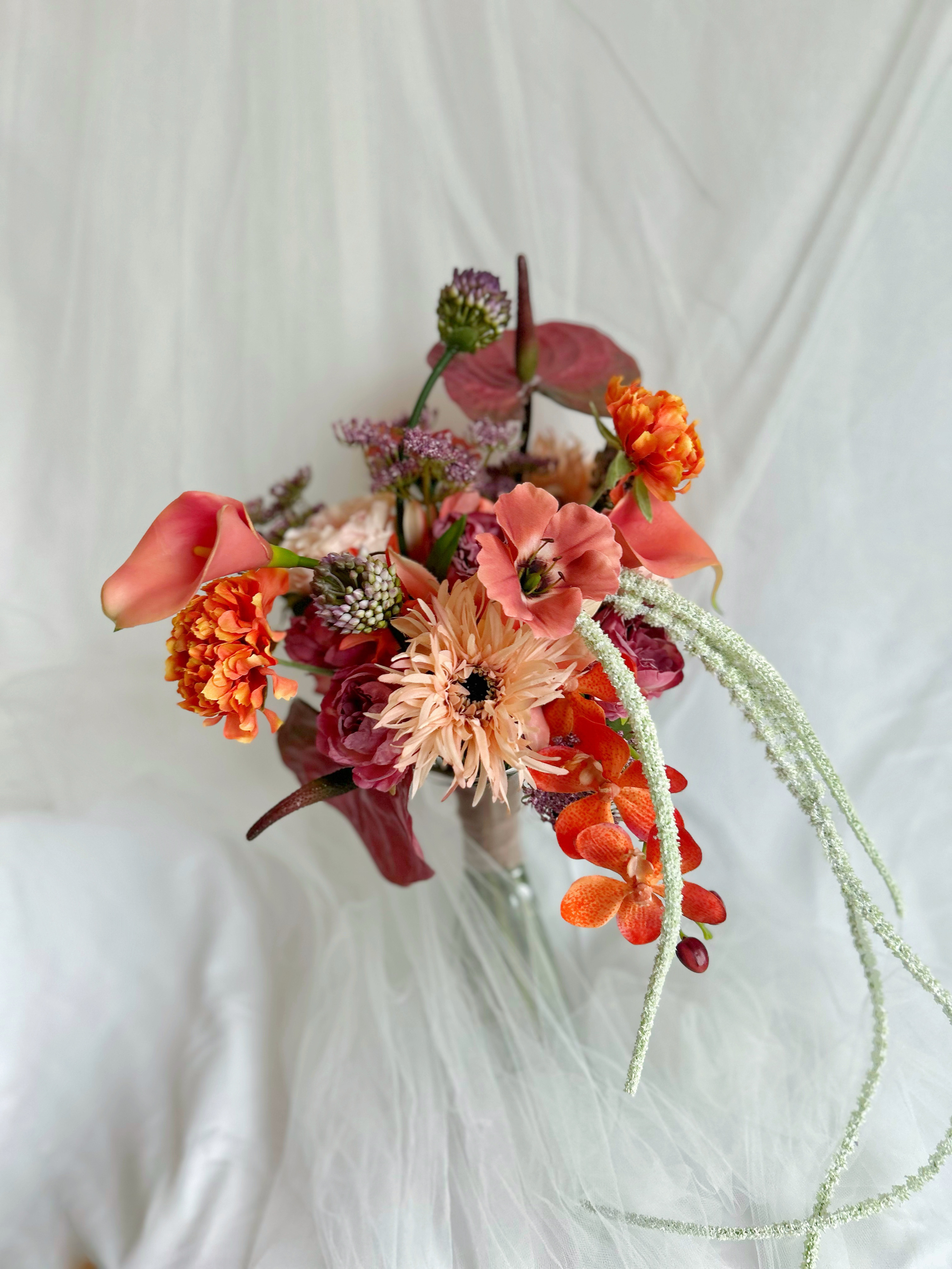 即納OK！！アマランサスのひとクセ大人オレンジブーケ　海外風ブーケ　パープル　秋ブーケ　カラー　アンスリウム　ガーベラ