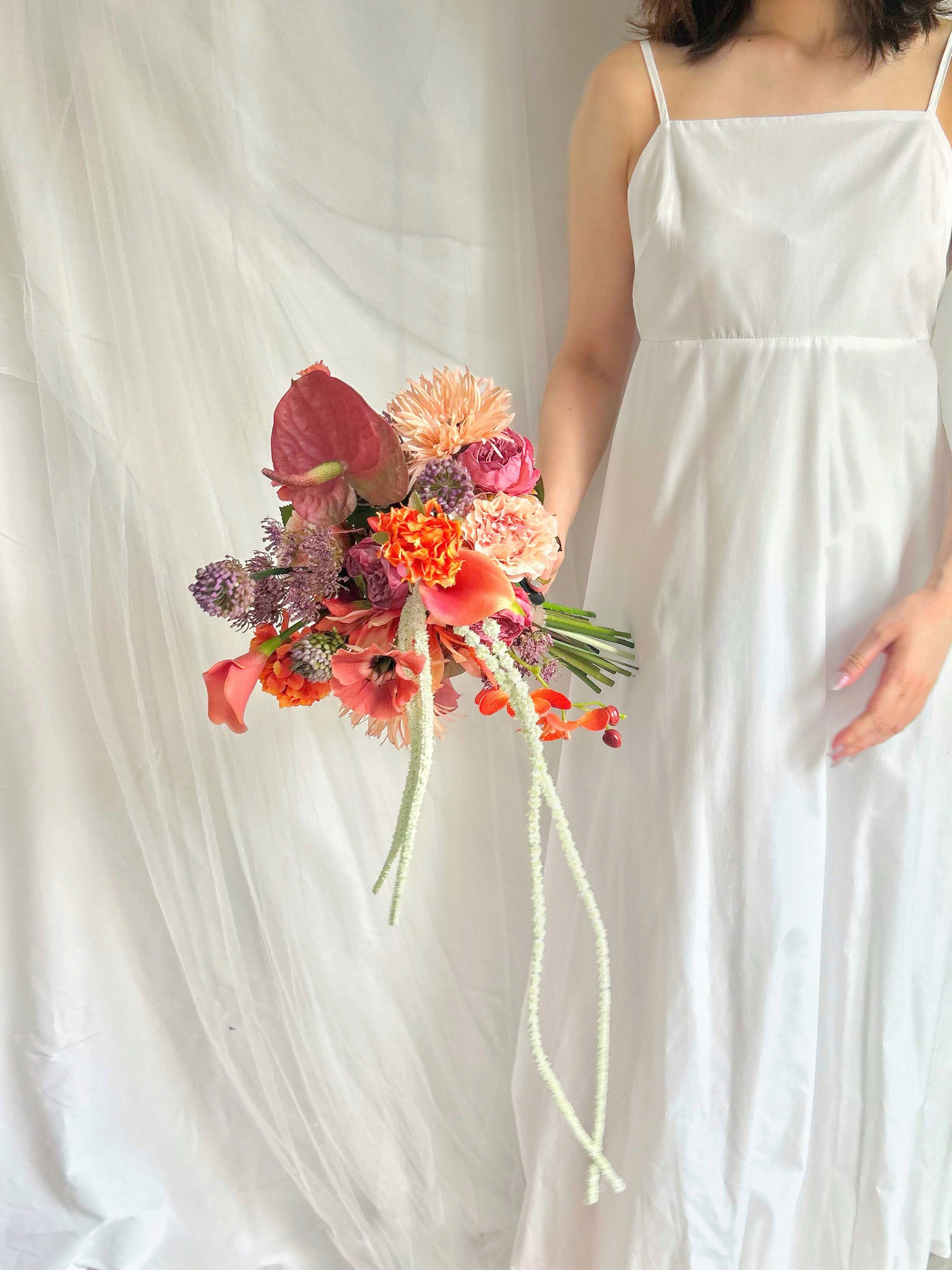 即納OK！！アマランサスのひとクセ大人オレンジブーケ　海外風ブーケ　パープル　秋ブーケ　カラー　アンスリウム　ガーベラ