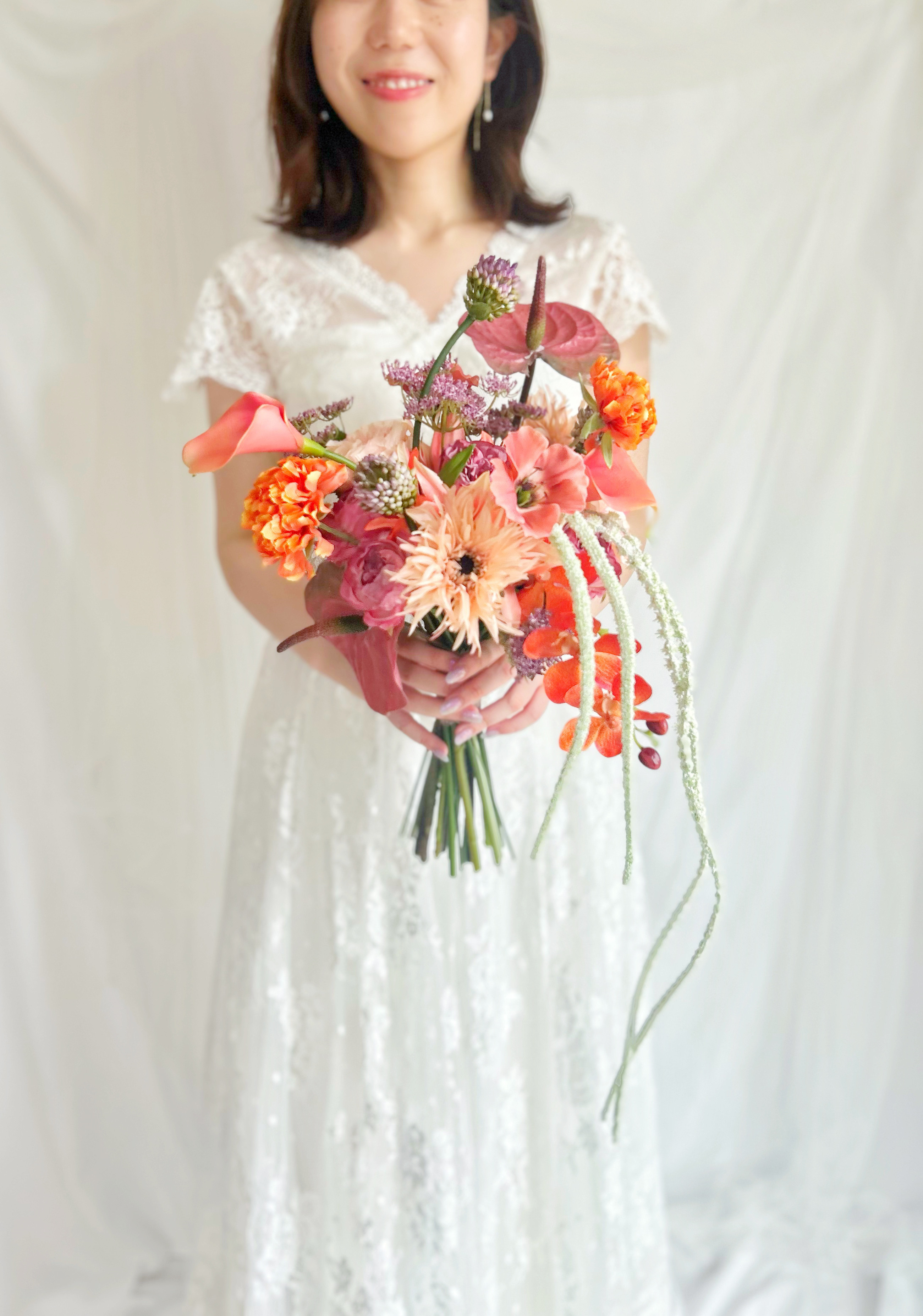 即納OK！！アマランサスのひとクセ大人オレンジブーケ　海外風ブーケ　パープル　秋ブーケ　カラー　アンスリウム　ガーベラ