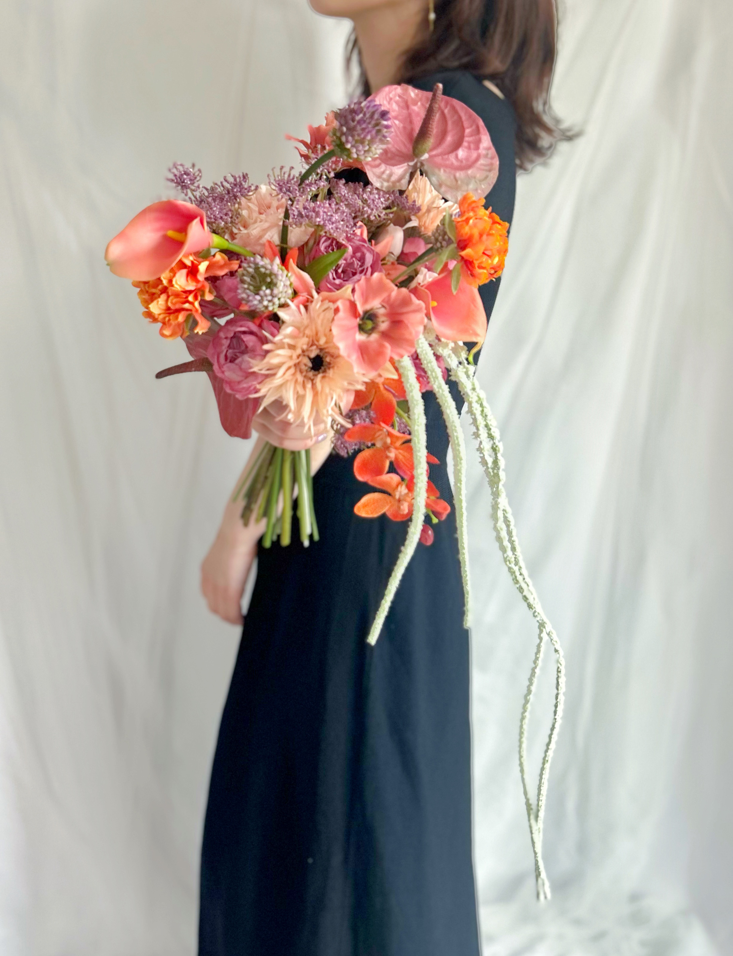 即納OK！！アマランサスのひとクセ大人オレンジブーケ　海外風ブーケ　パープル　秋ブーケ　カラー　アンスリウム　ガーベラ