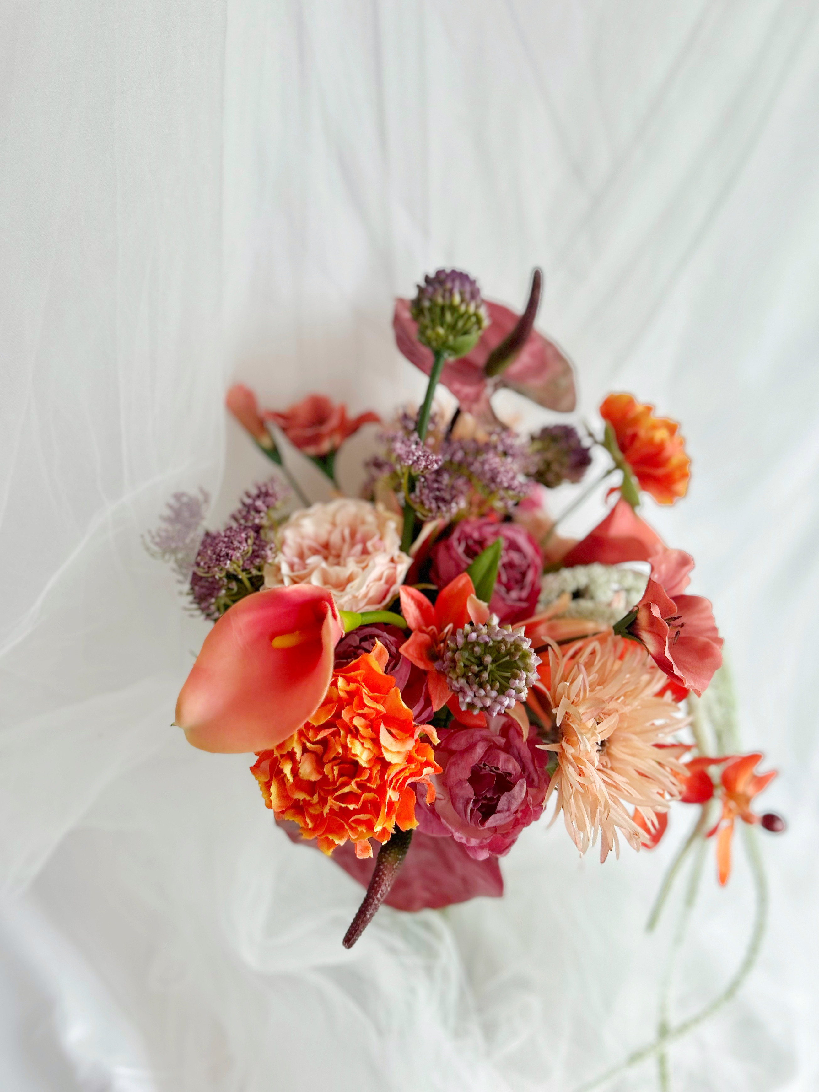 即納OK！！アマランサスのひとクセ大人オレンジブーケ　海外風ブーケ　パープル　秋ブーケ　カラー　アンスリウム　ガーベラ