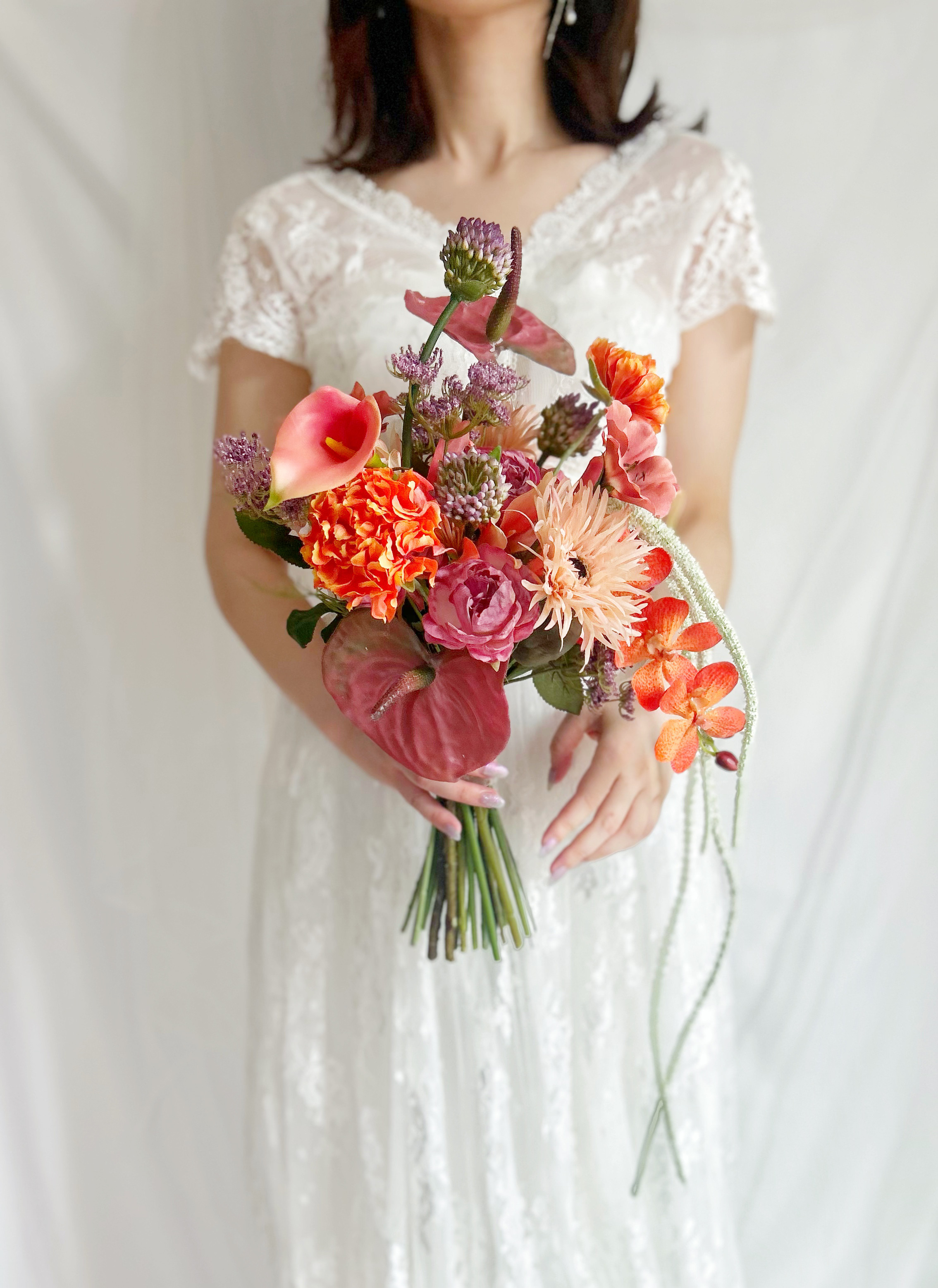 即納OK！！アマランサスのひとクセ大人オレンジブーケ　海外風ブーケ　パープル　秋ブーケ　カラー　アンスリウム　ガーベラ