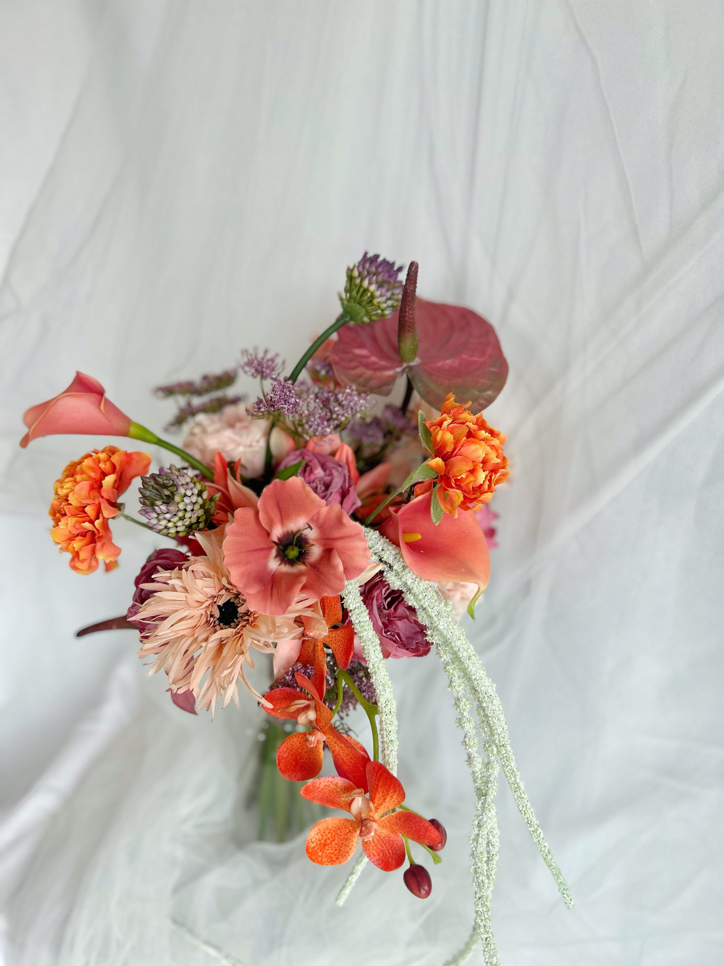 即納OK！！アマランサスのひとクセ大人オレンジブーケ　海外風ブーケ　パープル　秋ブーケ　カラー　アンスリウム　ガーベラ