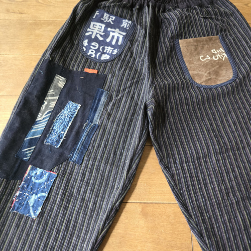 着物リメイク 手作り 縞 前掛けポッケ パンツ パンツ キュロット 