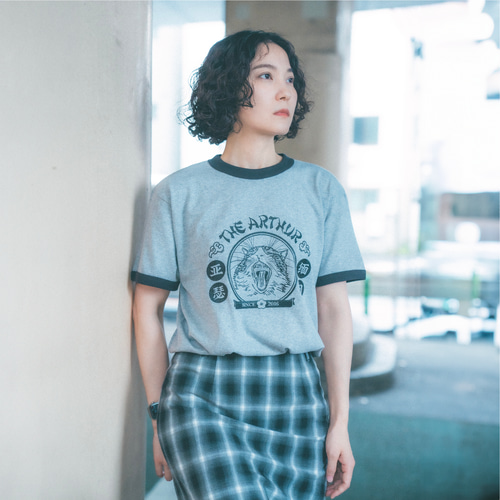 猫プリントリンガーTシャツ/グレー×ブラック/ねこ/綿 100