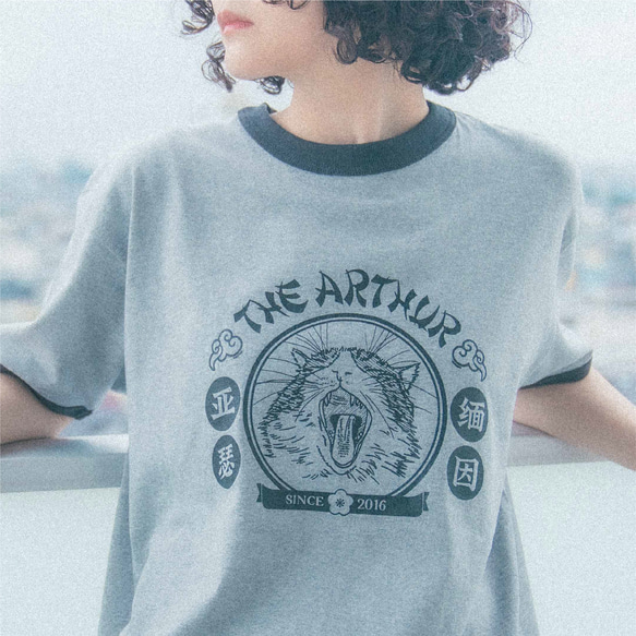 猫プリントリンガーTシャツ/グレー×ブラック/ねこ/綿 100