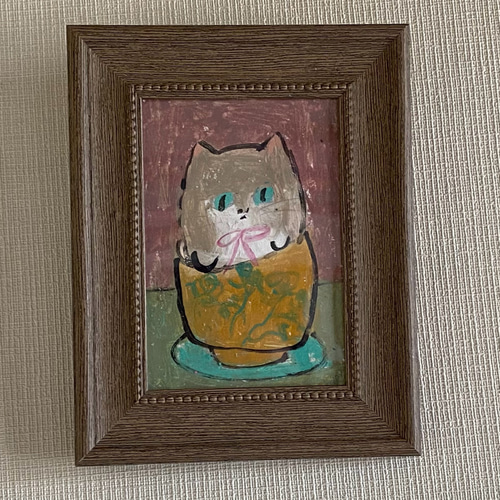 絵画。原画【きれいな黄色い陶器のコップの猫ちゃん】 絵画 アカザ麦