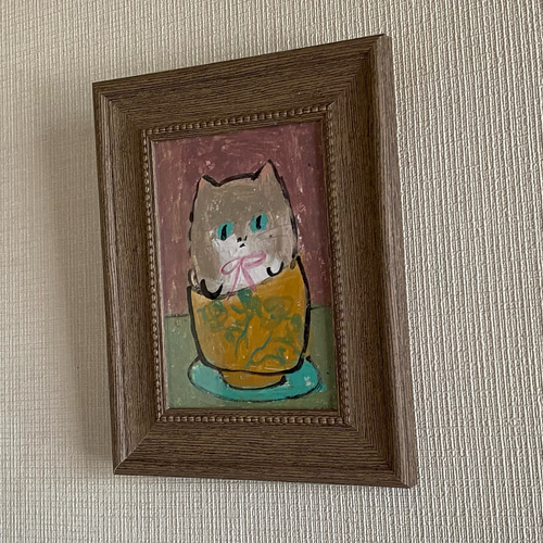絵画。原画【きれいな黄色い陶器のコップの猫ちゃん】 絵画 アカザ麦