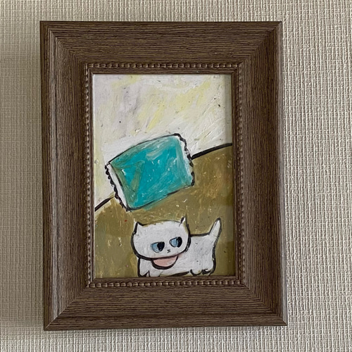 絵画。原画【夜、かわいい白い猫と月】