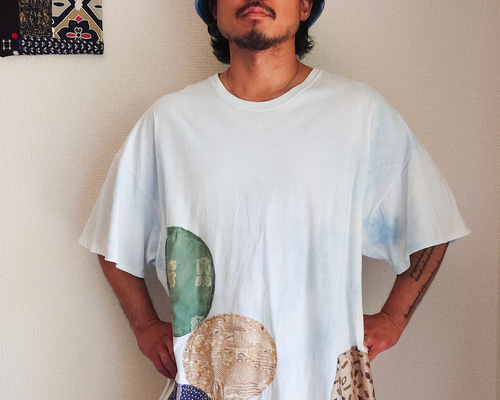 ハンドメイド【着物リメイク】パッチワーク風　グリーン系ビッグTEE 秋物 ハンドメイド【着物リメイク】パッチワーク風 グリーン系ビッグ