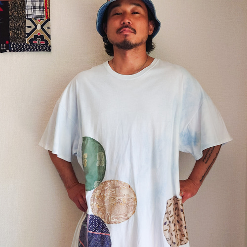 Acote 藍染 デザイン Tシャツ 着物リメイク ラウンド 丸型