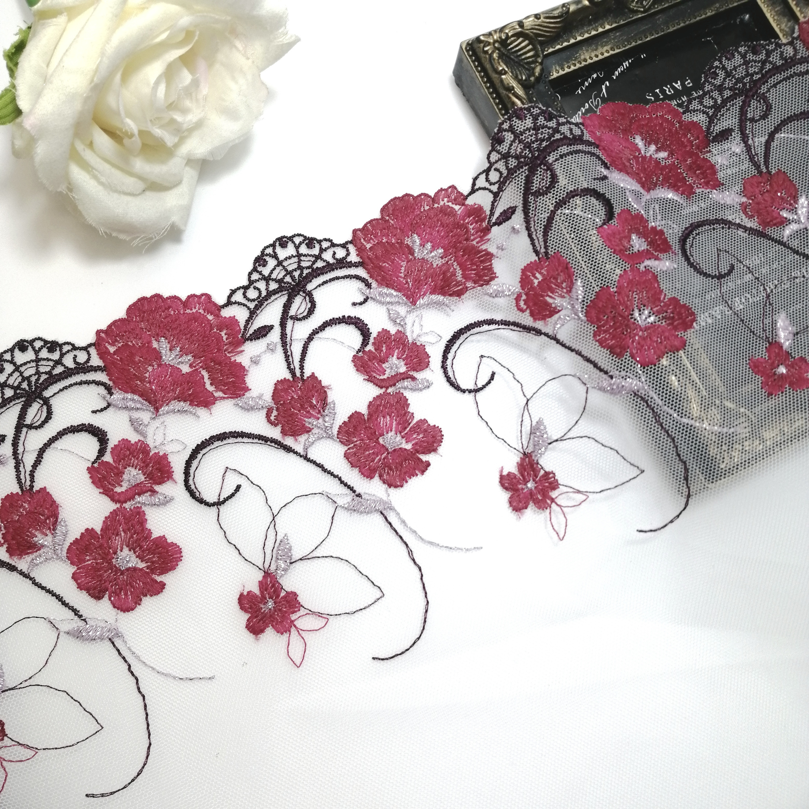 M97★Red★端ケミカルチュール★薔薇✿刺繍レース★ハンドメイドマスク