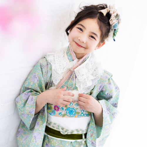 簡単着付ウィリアムモリス柄セパレート着物子供用浴衣 作り帯