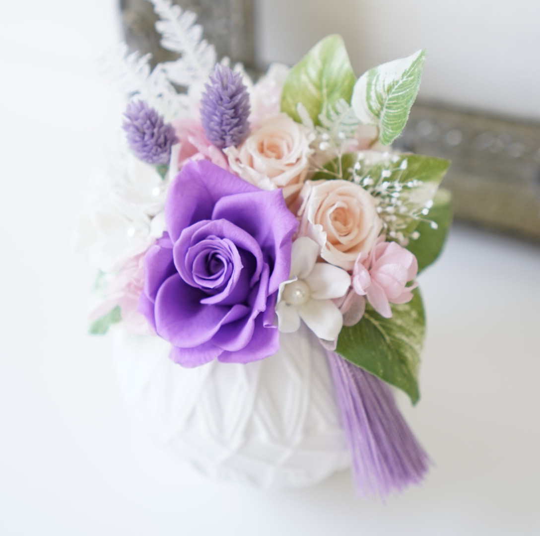 プリザーブドフラワー 仏花アレンジ1対(花器、タッセル付) L