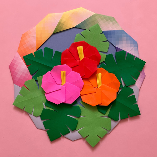 折り紙・夏リース＊ハイビスカスとモンステラ リース ケロティ(只今